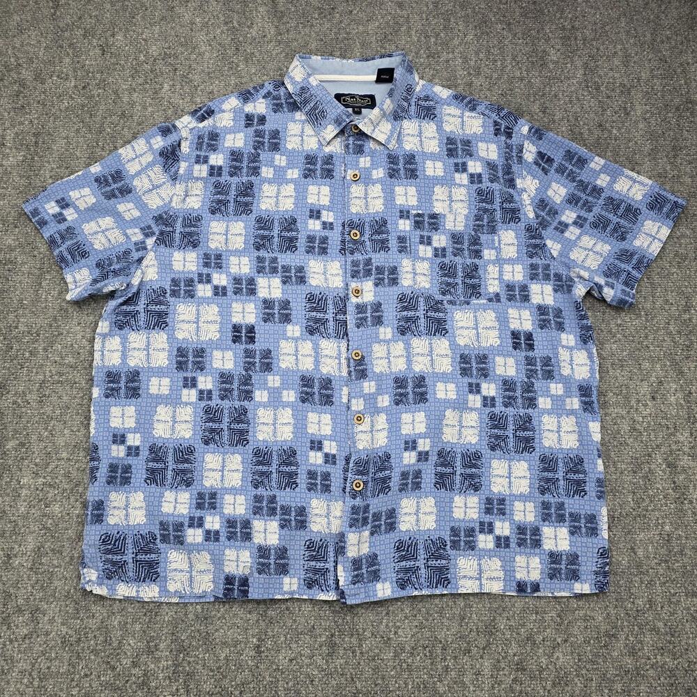 Nat Nast Shirt Mens XL Blue Silk Cotton Short Sleeve Button Front Camp Casual